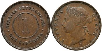 Стрейтс-Сетлментс 1 цент 1874 Н, Виктория (1837-1901) KM 9 медь 4179-234