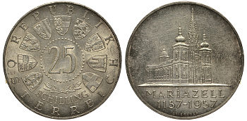 Австрия 25 шиллингов 1957 800 лет Базилике Мариацелля KM 2883 серебро aUNC 1520-134