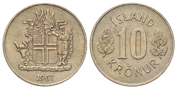 Исландия 10 крон 1967 KM 15 медно-никель UNC 4666-915
