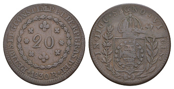Бразилия 20 реалов (рейсов) 1830 R, Педро I KM 360.1 медь 1519-1324