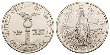 США 1 доллар 1989 D, 200 лет Конгрессу KM 225 серебро BU 11-255-24