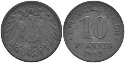 Германия 10 пфеннигов 1917  KM 26, J. 299 цинк 4116-544