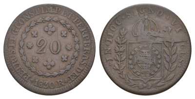Бразилия 20 реалов (рейсов) 1830 R, Педро I KM 360.1 медь 1519-1324