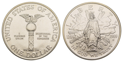 США 1 доллар 1989 D, 200 лет Конгрессу KM 225 серебро BU 11-255-24
