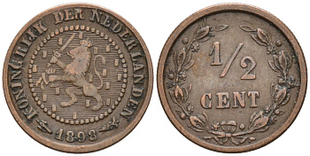 Нидерланды 1/2 цента 1898 Вильгельмина (1890-1948) KM 109 бронза 4576-313