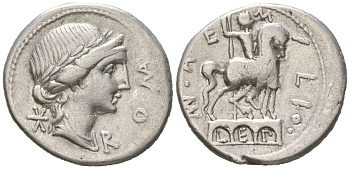 Римская Республика денарий 114-113 гг до н.э. монетарий Эмилий Лепид, ROMA, голова Ромы в диадеме/MN AEMILIO LEP, конная статуя на трехарочном постаменте, Рим, 3,85 гр Crawford 291/1 серебро 00-815-81