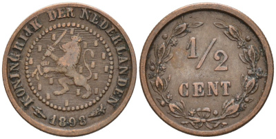 Нидерланды 1/2 цента 1898 Вильгельмина (1890-1948) KM 109 бронза 4576-313