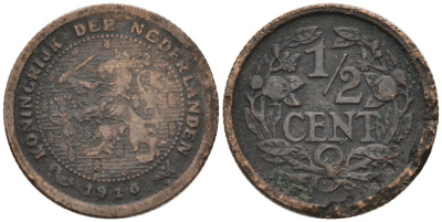 Нидерланды 1/2 цента 1916 Вильгельмина (1890-1948) KM 138 бронза 4576-363