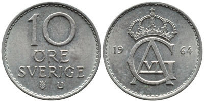 Швеция 10 эре 1964 U Густав VI Адольф (1950-1973) KM 835 медно-никель 4392-129