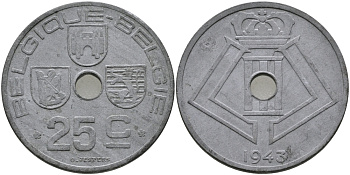 БЕЛЬГИЯ 25 САНТИМОВ 1943 BELGIQUE-BELGIE, ГЕРМАНСКАЯ ОККУПАЦИЯ, ВТОРАЯ МИРОВАЯ ВОЙНА KM 131 цинк 94-226