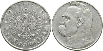 Польша 10 злотых 1937 w, Пилсудский KM 29, Parchimowicz 124d серебро 441-1025