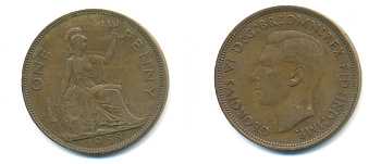 Великобритания 1 пенни 1938 Георг VI (1936-1952) KM 845, Spink 4114 бронза 89-133