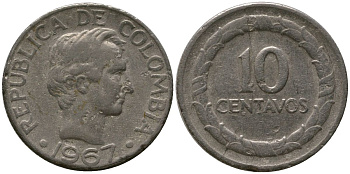 Колумбия 10 сентаво 1967 KM 226 сталь плакированная никелем 4576-1048