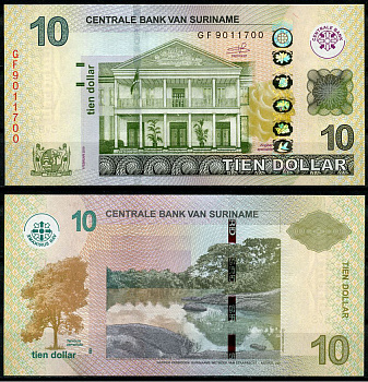 Суринам 10 долларов 2019 здание Центрального банка, река Суринам Pick 163 c  бумага  UNC (пресс) 449-79-1