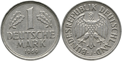 ФРГ 1 МАРКА 1969 J KM 110, J. 385 медно-никель 65-1216