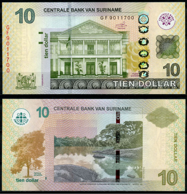 Суринам 10 долларов 2019 здание Центрального банка, река Суринам Pick 163 c  бумага  UNC (пресс) 449-79-1