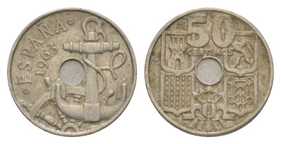 Испания 50 сентимо 1964 (65) Франсиско Франко (1939-1975) KM 777 медно-никель 4623-653