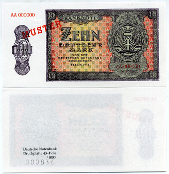 ГДР 10 марок 1954 MUSTER, образец, серия АА, номер 000000 Pick 18s бумага UNC (пресс) 451-135-3