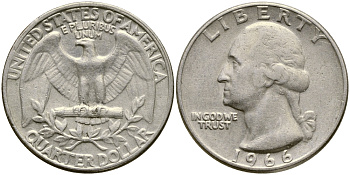 США 25 центов (квотер) 1966 Вашингтон KM 164a медь плакированная медно-никелем 4388-344