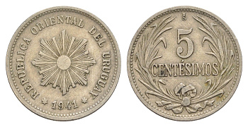 Уругвай 5 сентесимо 1941 KM 21 медно-никель 4650-634