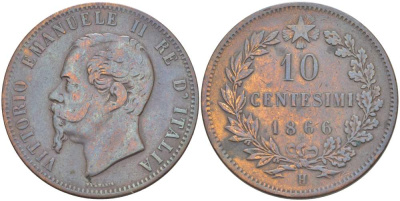 ИТАЛИЯ 10 ЧЕНТЕЗИМО 1866 H, МОНДВОР БИРМИНГЕМ, ВИКТОР ЭММАНУИЛ II (1861-1878) KM 11.3 медь 4526-814
