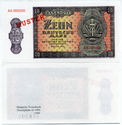 ГДР 10 марок 1954 MUSTER, образец, серия АА, номер 000000 Pick 18s бумага UNC (пресс) 451-135-3