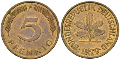 ФРГ 5 пфеннигов 1979 F KM 107, J.382 сталь плакированная латунью 4115-1018