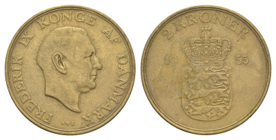 Дания 2 кроны 1955 N, Фредерик IX (1947-1972) KM 838 алюминиевая бронза 4653-1143