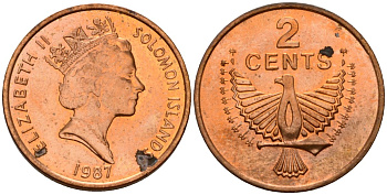 Соломоновы Острова 2 цента 1987 Елизавета II (1953-) KM 25 сталь плакированная бронзой aUNC 4566-253