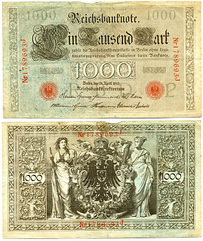 ГЕРМАНИЯ 1000 МАРОК 1910 КРАСНАЯ ПЕЧАТЬ, 7 ЦИФР В НОМЕРЕ Pick 44b бумага 2192-16-2