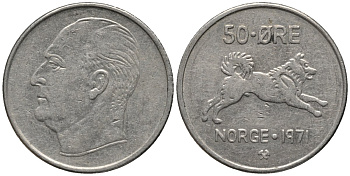 Норвегия 50 эре 1966 Улаф V (1957-1991), собака KM 408 медно-никель 4577-752