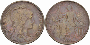 ФРАНЦИЯ 10 САНТИМОВ 1899 ТИП ДАНИЭЛЬ ДЮПЮИ KM 843, LA FRANC 136.8 бронза 109-131