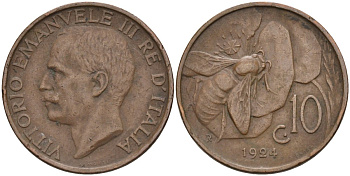 Италия 10 чентезимо 1924 R, пчела, Виктор Эммануил (1900-1946) KM 60 медь 4116-1251