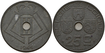 Бельгия 25 сантимов 1944 Belgie - Belgique, Леопольд III (1934-1947), германская оккупация, Вторая мировая война KM 132 цинк 4157-625