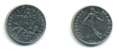 Франция 1/2 франка 1984 сеятель KM 931.1 никель 57-1156