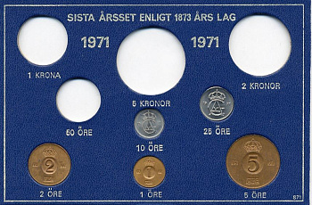 Швеция 1, 2, 5, 10, 25 эре 1971 Густав VI Адольф (1950-1973) в картоне набора монетного двора UNC 7-5-7-255