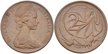 АВСТРАЛИЯ 2 ЦЕНТА 1973 ЕЛИЗАВЕТА II, МОЛОДОЙ ПОРТРЕТ, ПЛАЩЕНОСНАЯ ЯЩЕРИЦА (FRILLED LIZARD) KM 63 бронза 4385-854