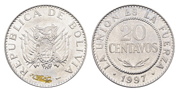 Боливия 20 сентаво 1997 KM 203 нержавеющая сталь 4664-636