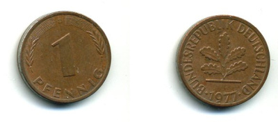 ФРГ 1 ПФЕННИГ 1977 D KM 105, J 380 сталь плакированная медью 46-135
