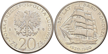 Польша 20 злотых 1980 MW, 50 лет фрегату «Дары Поморца» KM 112, Parchimowicz 253 медно-никель UNC 4111-926