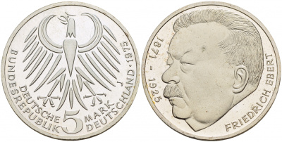 ФРГ 5 марок 1975 J, 50 лет со дня смерти Фридриха Эберта J. 416, KM 141 серебро PROOF 1087-3-14