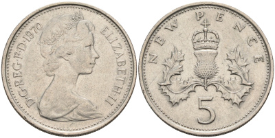 Великобритания 5 пенсов 1970 Елизавета II (1952-2022) KM 911, Spink 4233 (D1) медно-никель 4592-357