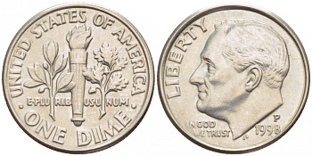 США 10 ЦЕНТОВ = 1 ДАЙМ 1998 P, РУЗВЕЛЬТ KM 195а медь плакированная медно-никелем 4547-952