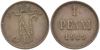 Россия для Финляндии 1 пенни 1909 Николай II (1894-1917) KM 13, Биткин 470 медь 4396-1314