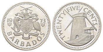 Барбадос 25 центов 1973 ветряная мельница Моргана Льюиса KM 13 медно-никель PROOF 3896-235