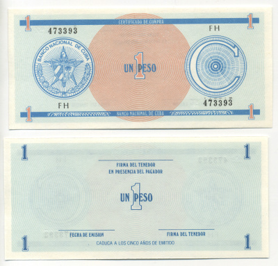 Куба, валютный сертификат 1 песо ND серия C, первый выпуск, голубая Pick FX 11 бумага UNC (пресс) 00-00