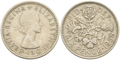Великобритания 6 пенсов 1958 Елизавета II (1952-2022) KM 903, Spink 4149 медно-никель 214-1064