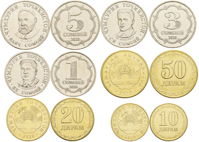 Таджикистан лот из 6 монет 2020 (10, 20, 50 дирам, 1, 3, 5 сомони) KM NEW UNC  N2-09