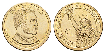 США 1 доллар 2012 P, Президент США - Честер Алан Артур (1881–1885) KM 524 медь с марганцево-латунным покрытием UNC 4624-722