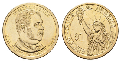 США 1 доллар 2012 P, Президент США - Честер Алан Артур (1881–1885) KM 524 медь с марганцево-латунным покрытием UNC 4624-722
